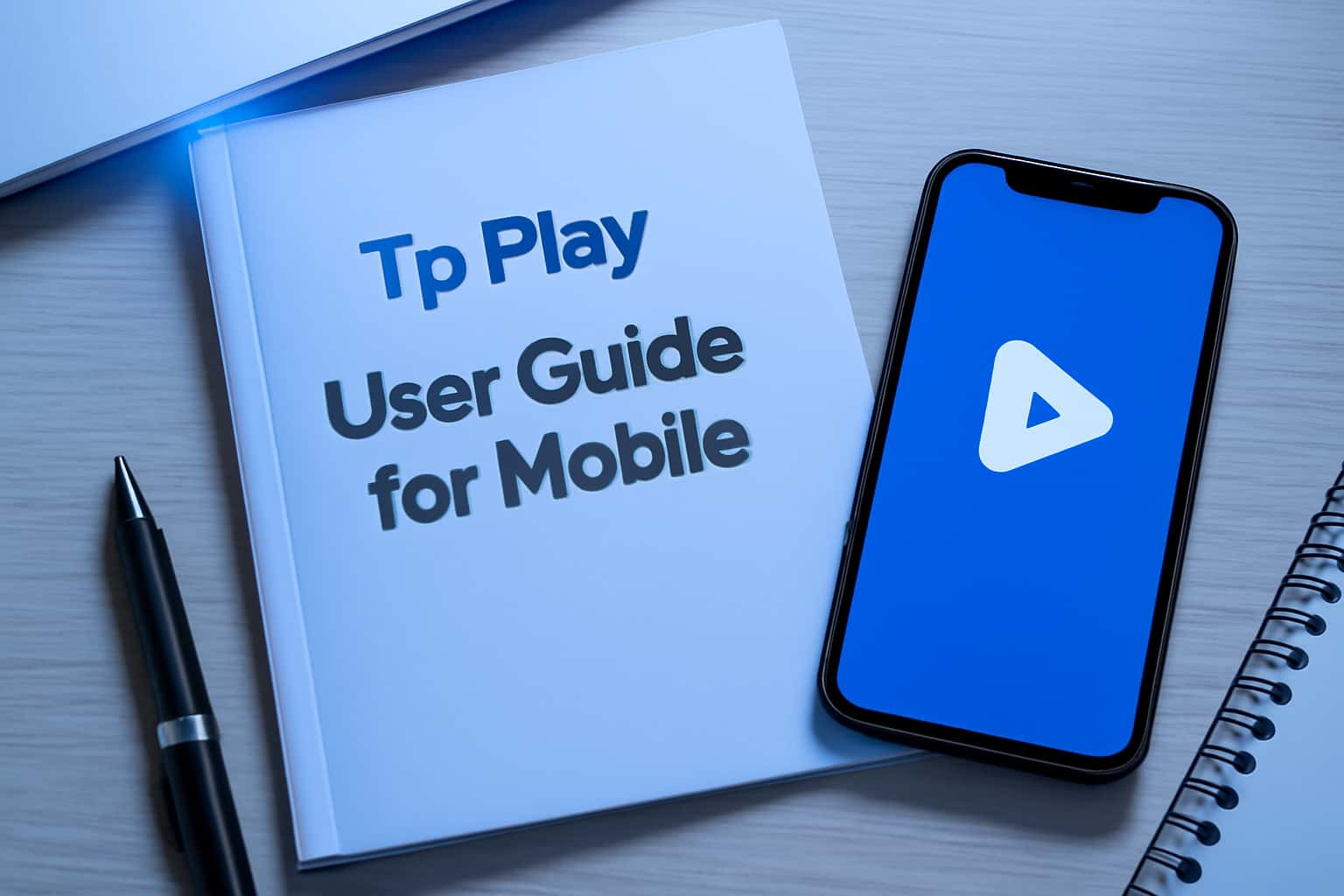 A neutral scene depicting the User Guide for Tp Play Mobile with blue lighting and professional text.